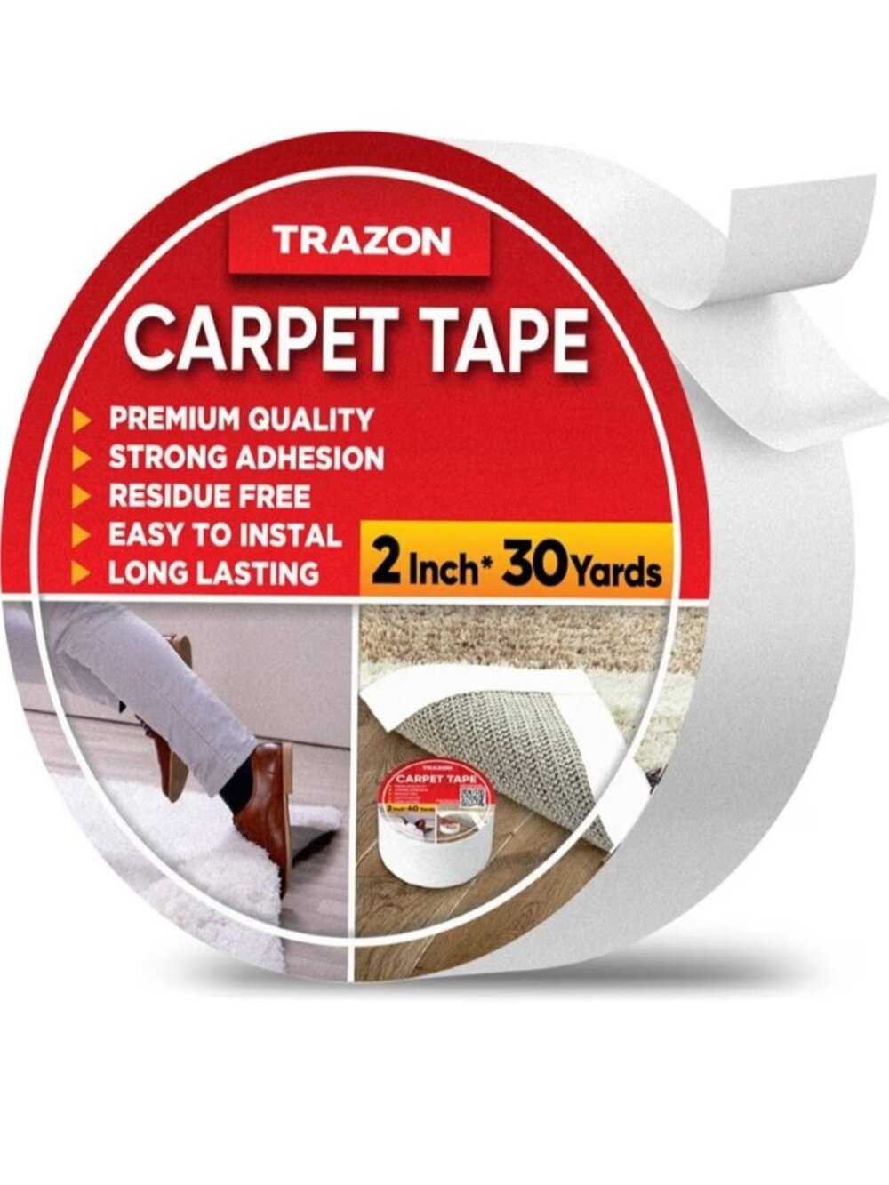 Trazon Double-Sided Carpet Tape 2 Inch x 30 Yards Residue-Free Heavy Duty Strong